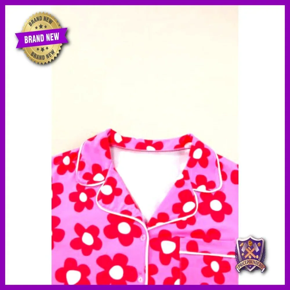 Women's Floral Pajama Set with Notch Collar Drawstring Shorts Size XL